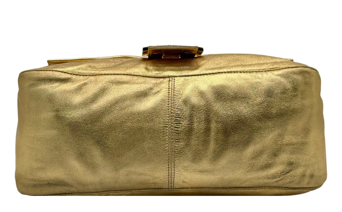Fendi Vintage Gold Lambskin Leather Crystal Logo Mamma Shoulder Baguette Bag