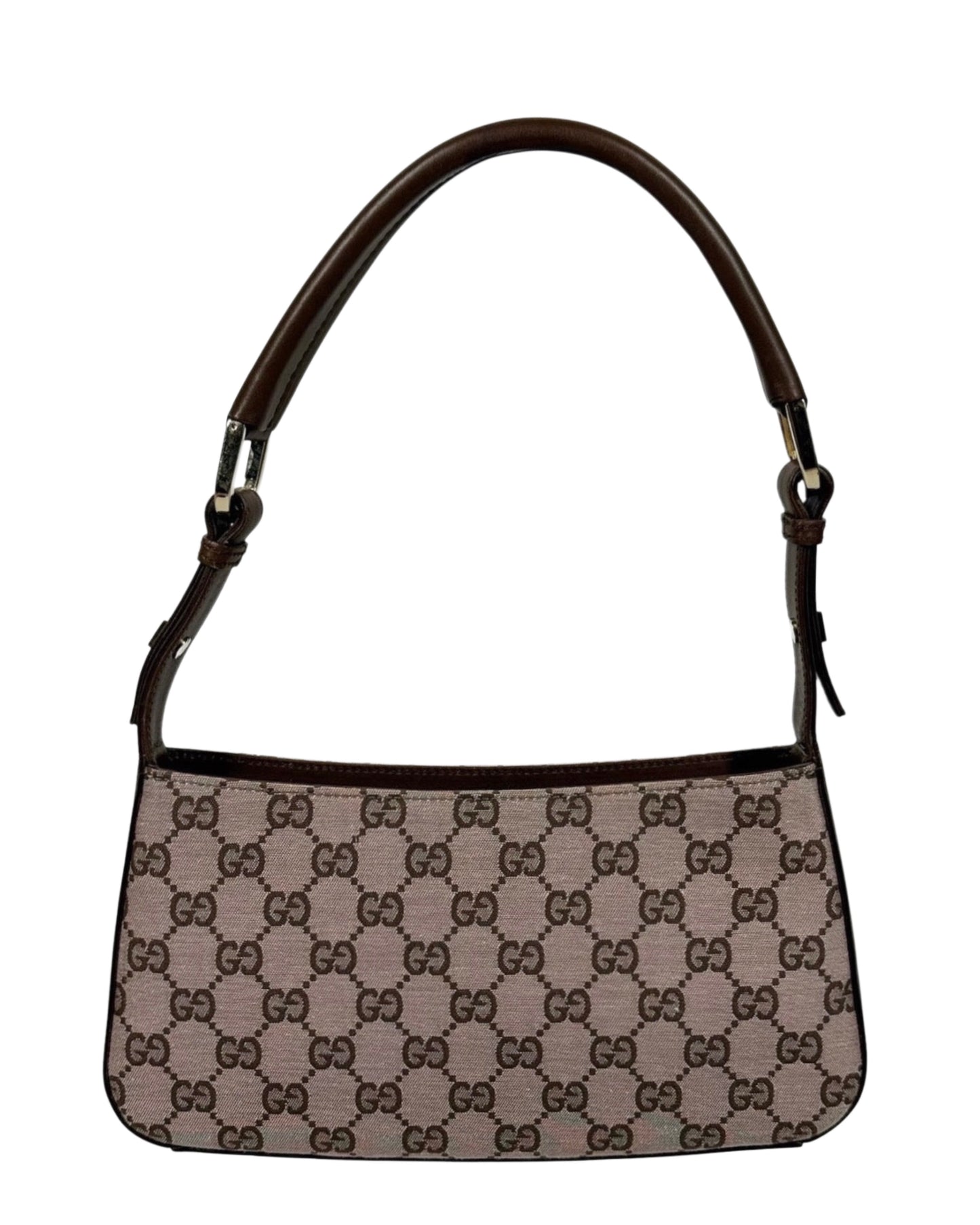 Gucci Vintage Light Brown Satin GG Monogram Leather Trim Shoulder Pochette Bag