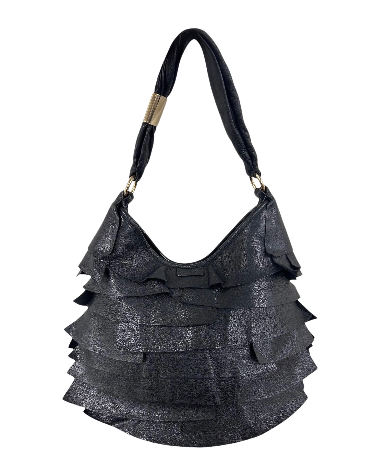 Yves Saint Laurent / YSL Vintage Black Leather Rive Gauche Ruffle St Tropez Small / Medium Shoulder Hobo Bag