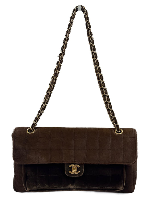 Chanel Vintage 00s Brown Pony Hair & Velour Chocolate Bar East West Flap Bag w Aged Gold Hardware