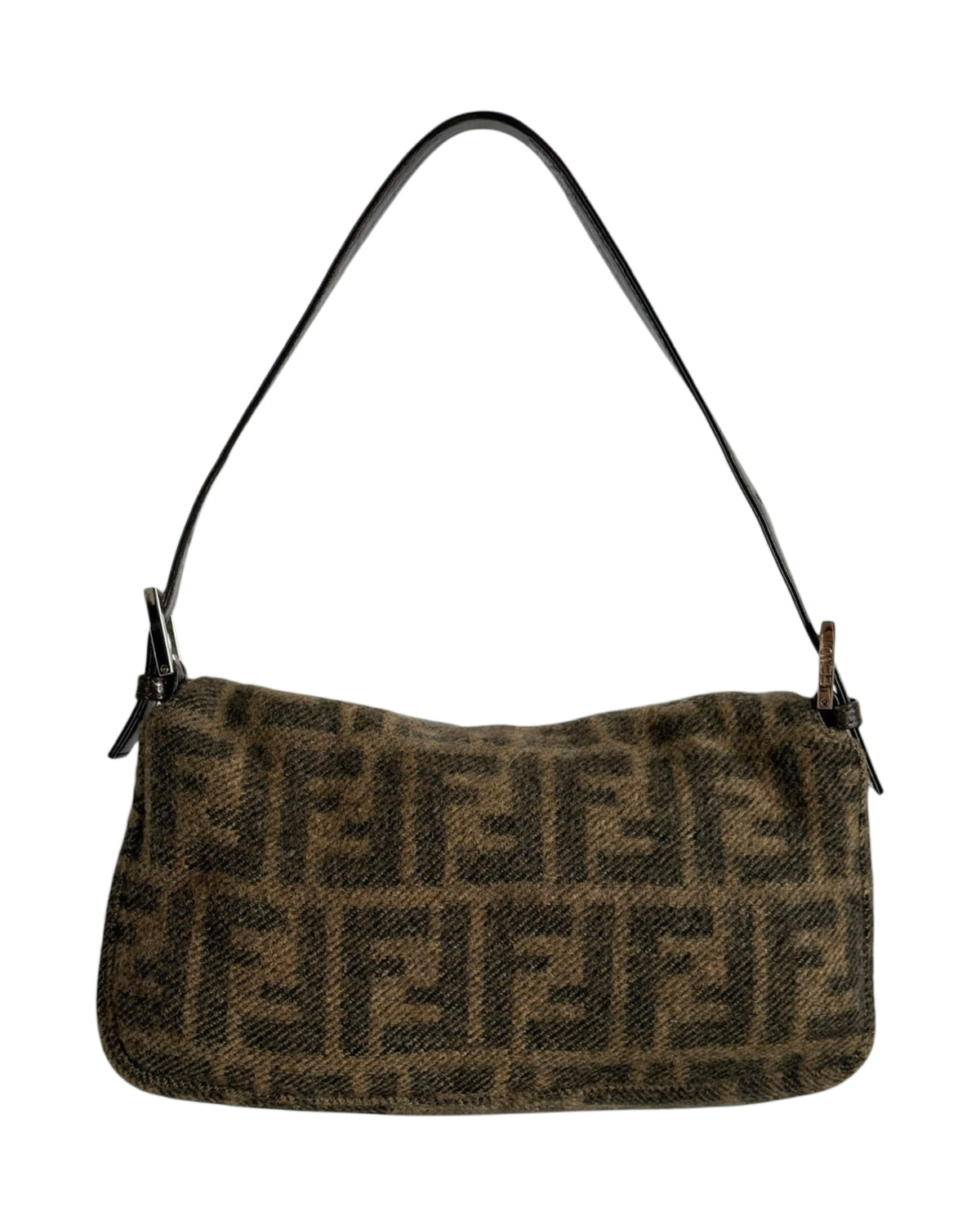 Fendi Vintage Brown Zucca Monogram Knit Wool Shoulder Baguette Bag