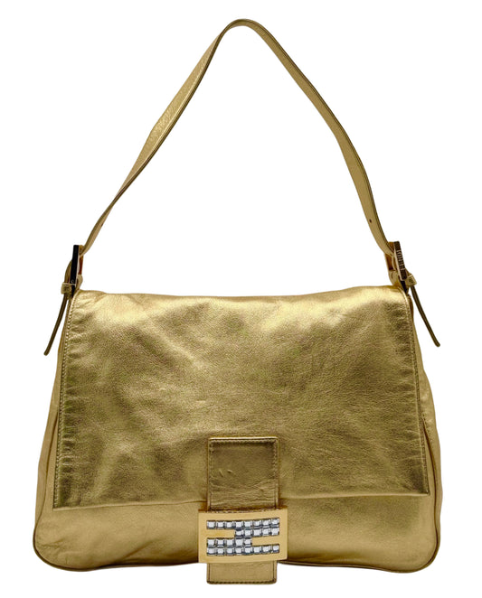 Fendi Vintage Gold Lambskin Leather Crystal Logo Mamma Shoulder Baguette Bag