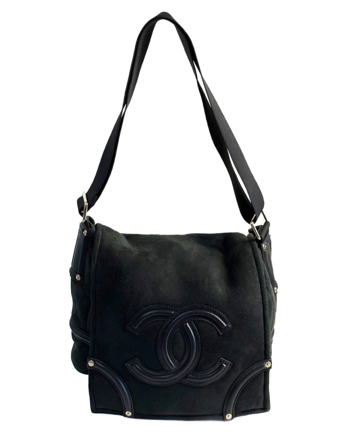 Chanel Vintage Black Micro Suede Shearling Trim CC Logo Small Shoulder Messenger Bag