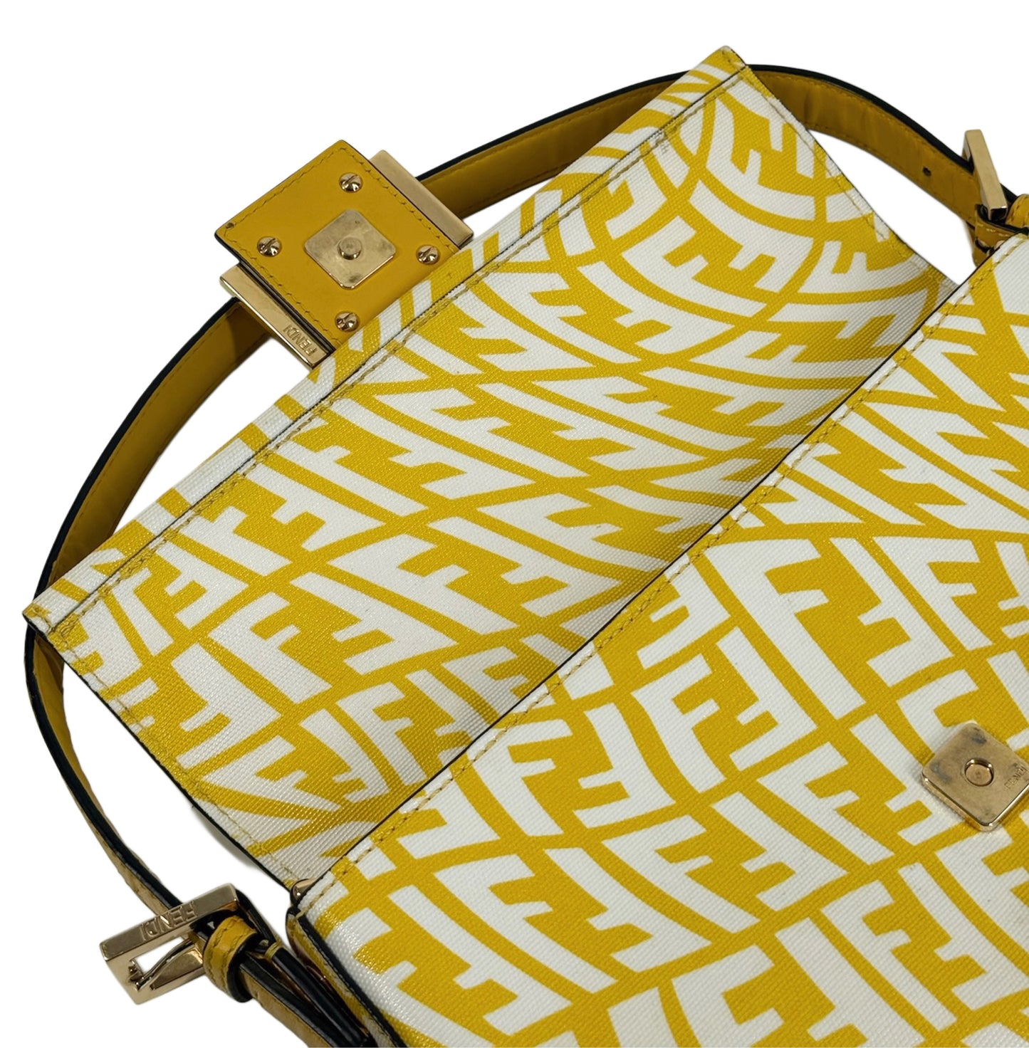 Fendi Yellow Logo Coated Canvas Shoulder Baguette Bag