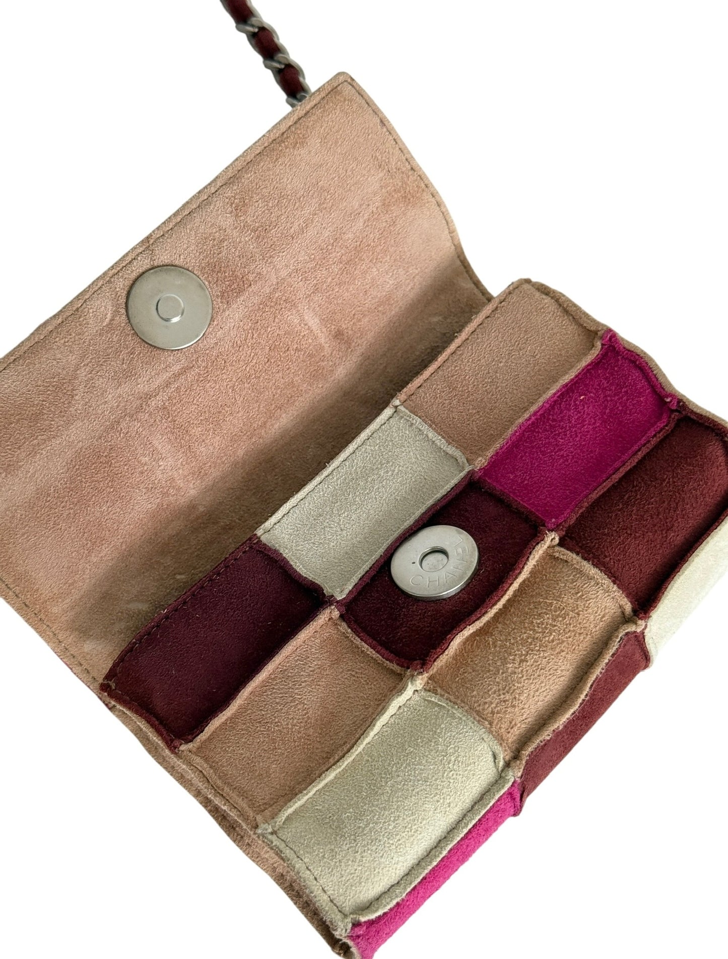 Chanel Vintage 90s Light Brown and Pink Patchwork Suede Crystal CC Logo Micro Mini Flap Crossbody Bag 