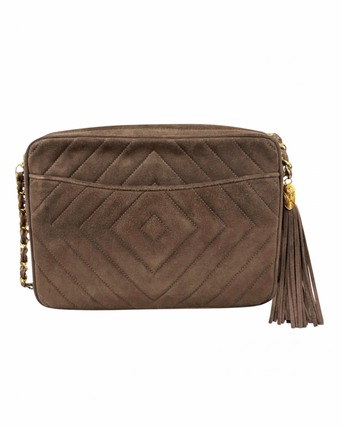 Chanel Vintage 90s Brown Suede Diamond Quilted Camera Bag with Tassel with 24K GPHW