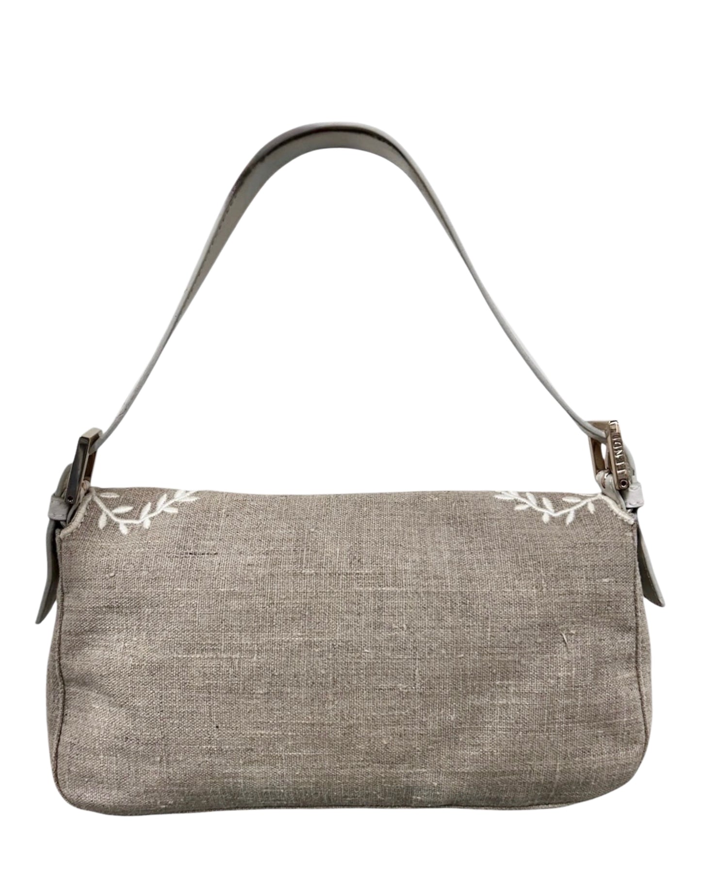 Fendi Vintage Beige Linen White Floral Embroidered Shoulder Baguette Bag