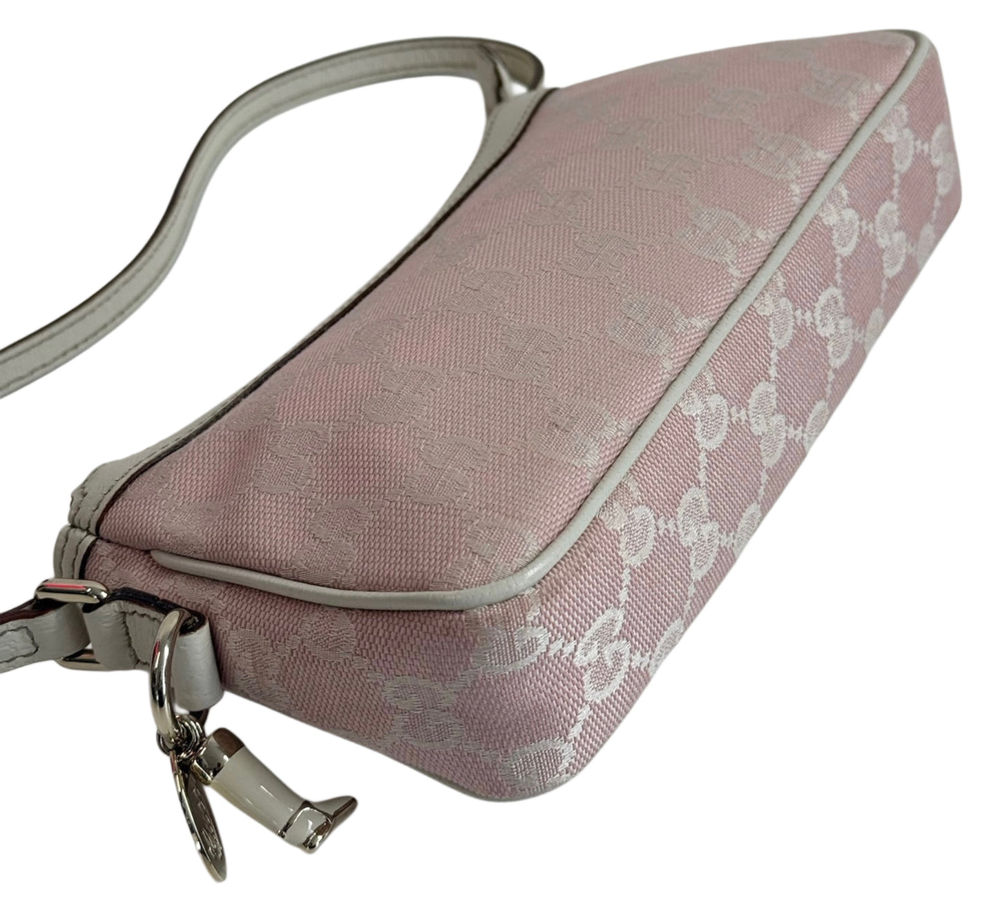 Gucci Vintage Baby Pink GG Monogram Canvas Ivory Leather Trim Mini Charmy Shoulder Pochette Bag