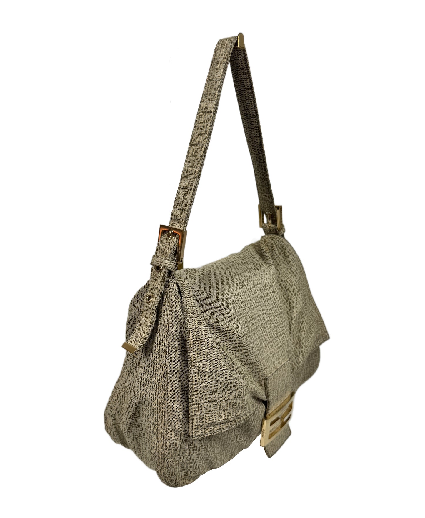 Fendi Vintage Grey Beige Zucchino Canvas Mama Baguette Shoulder Bag