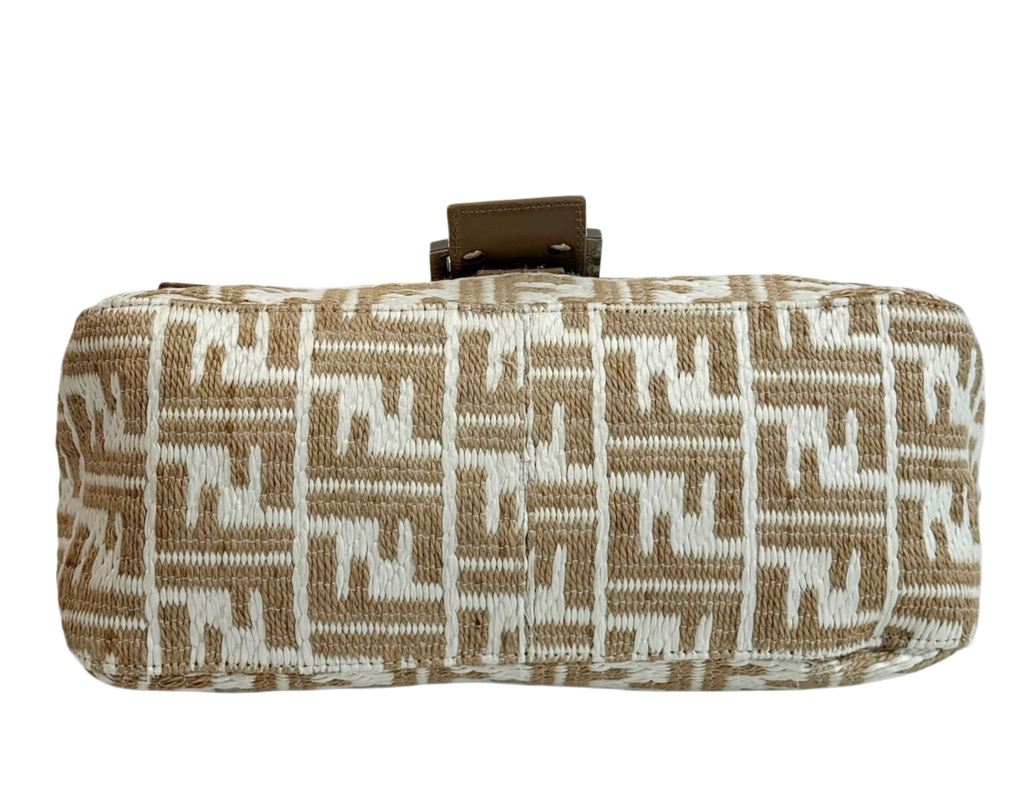 Fendi Vintage Beige & White Raffia Zucca Monogram Mamma Baguette Shoulder Bag