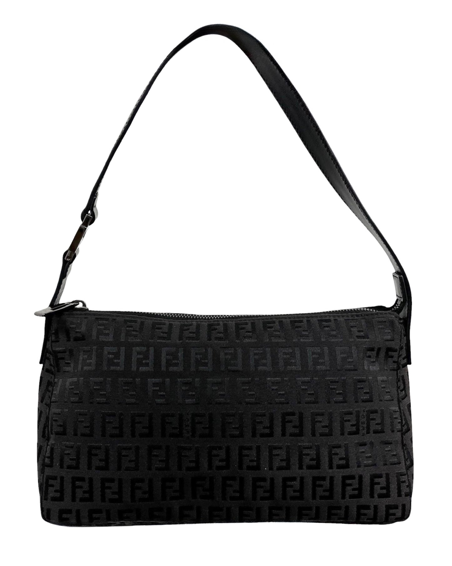 Fendi Vintage Black Zucca Zucchino Monogram Medium Shoulder Pochette Bag