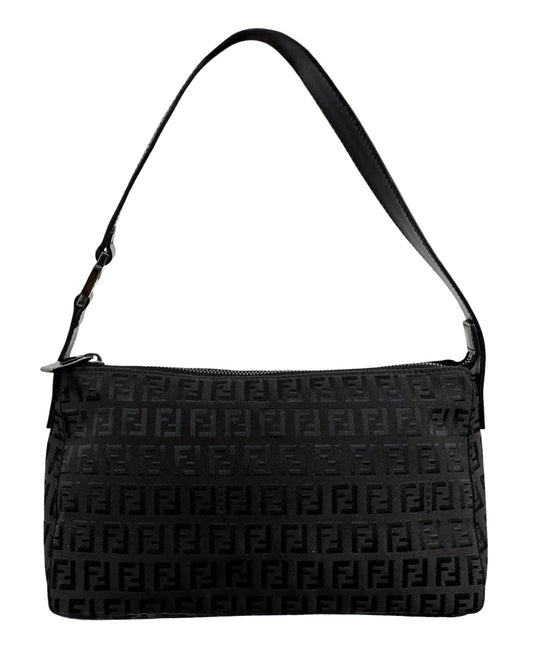 Fendi Vintage Black Zucca Zucchino Monogram Medium Shoulder Pochette Bag