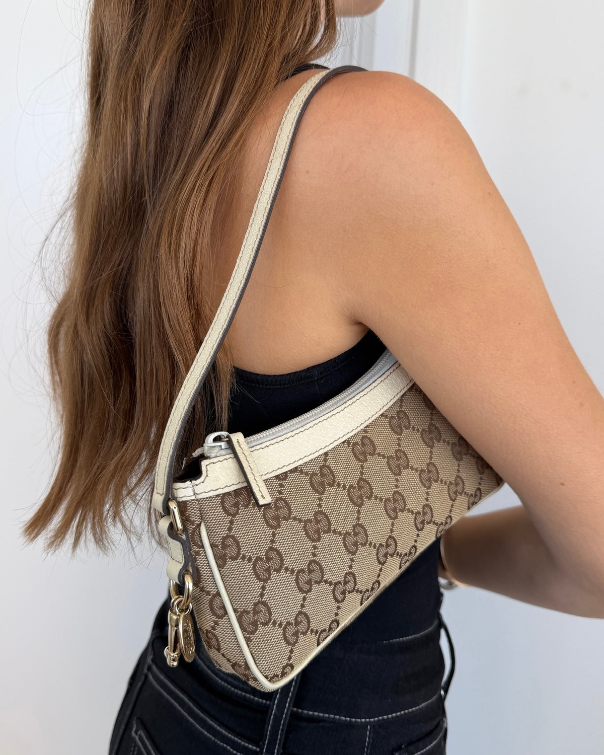 Gucci Vintage Brown GG Monogram Ivory Leather Trim Mini Charmy Shoulder Pochette Bag