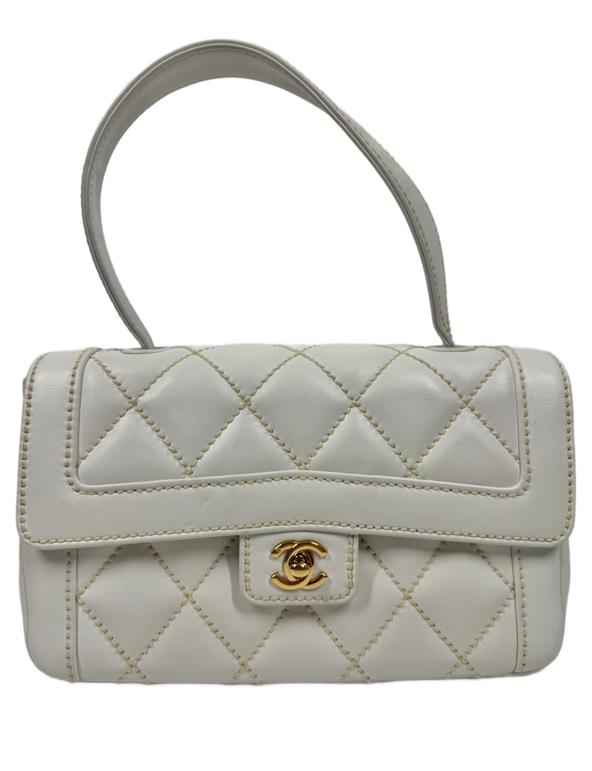 Chanel Vintage 2005 White Quilted Calfskin Leather Wild Stitch Medium Top Handle Classic Flap Bag w 24K Gold Plated Hardware