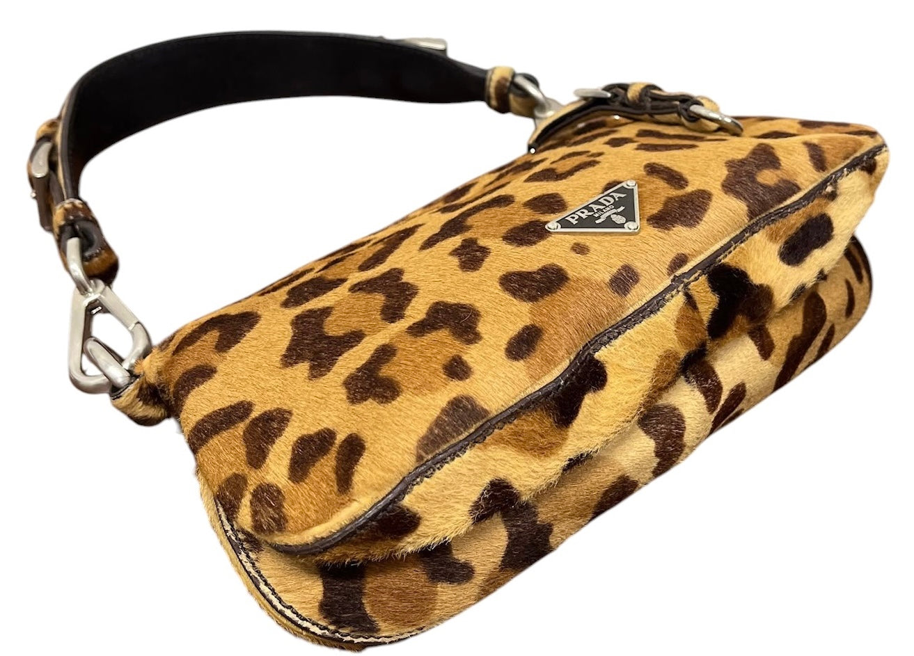 Prada Vintage Brown Leopard Print Pony Hair Cavallino Small Shoulder Bag 