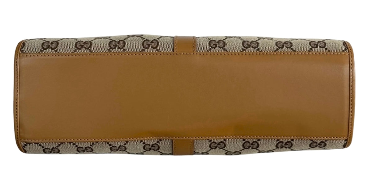 Gucci Vintage Brown GG Monogram Light Brown Leather Trim Medium Jackie Shoulder Bag