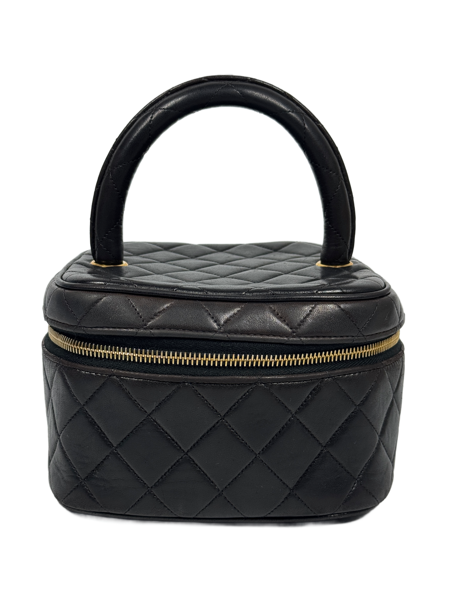 Chanel Vintage 90s Black Quilted Lambskin Top Handle Vanity Bag