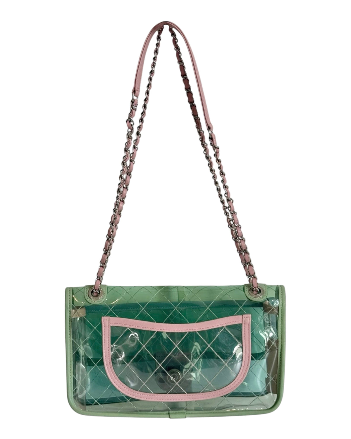 Chanel S/S 2018 Green Pink & Blue Coco Splash PVC Medium Shoulder Flap Bag
