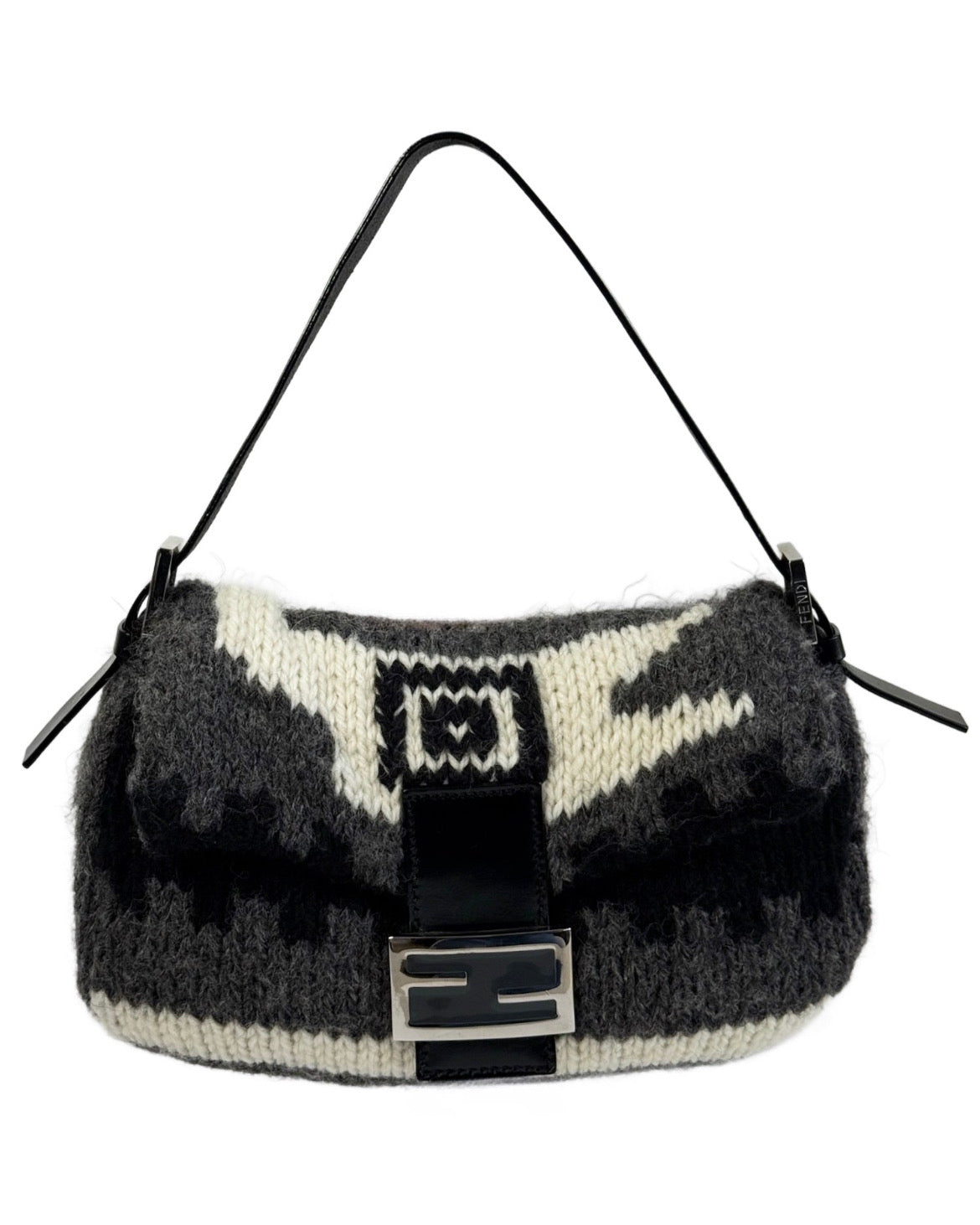 Fendi Vintage Gray Black Ivory Wool Knit Baguette