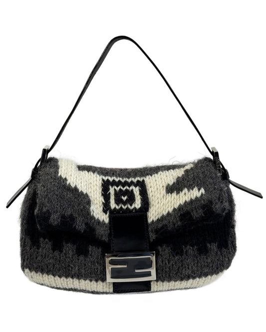 Fendi Vintage Gray Black Ivory Wool Knit Baguette