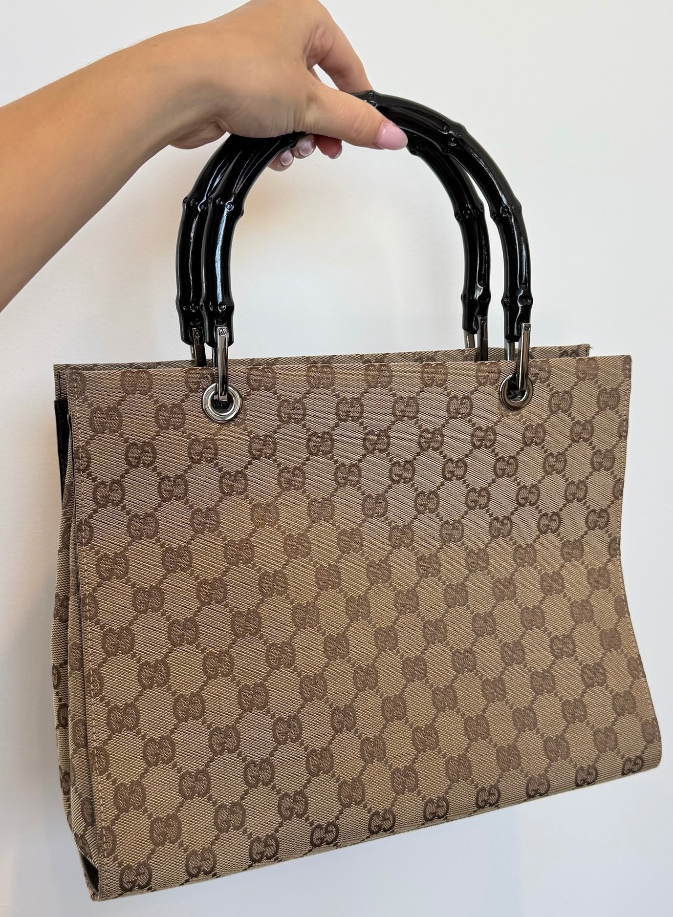 Gucci Vintage Brown GG Monogram Square Bamboo Top Handle Bag