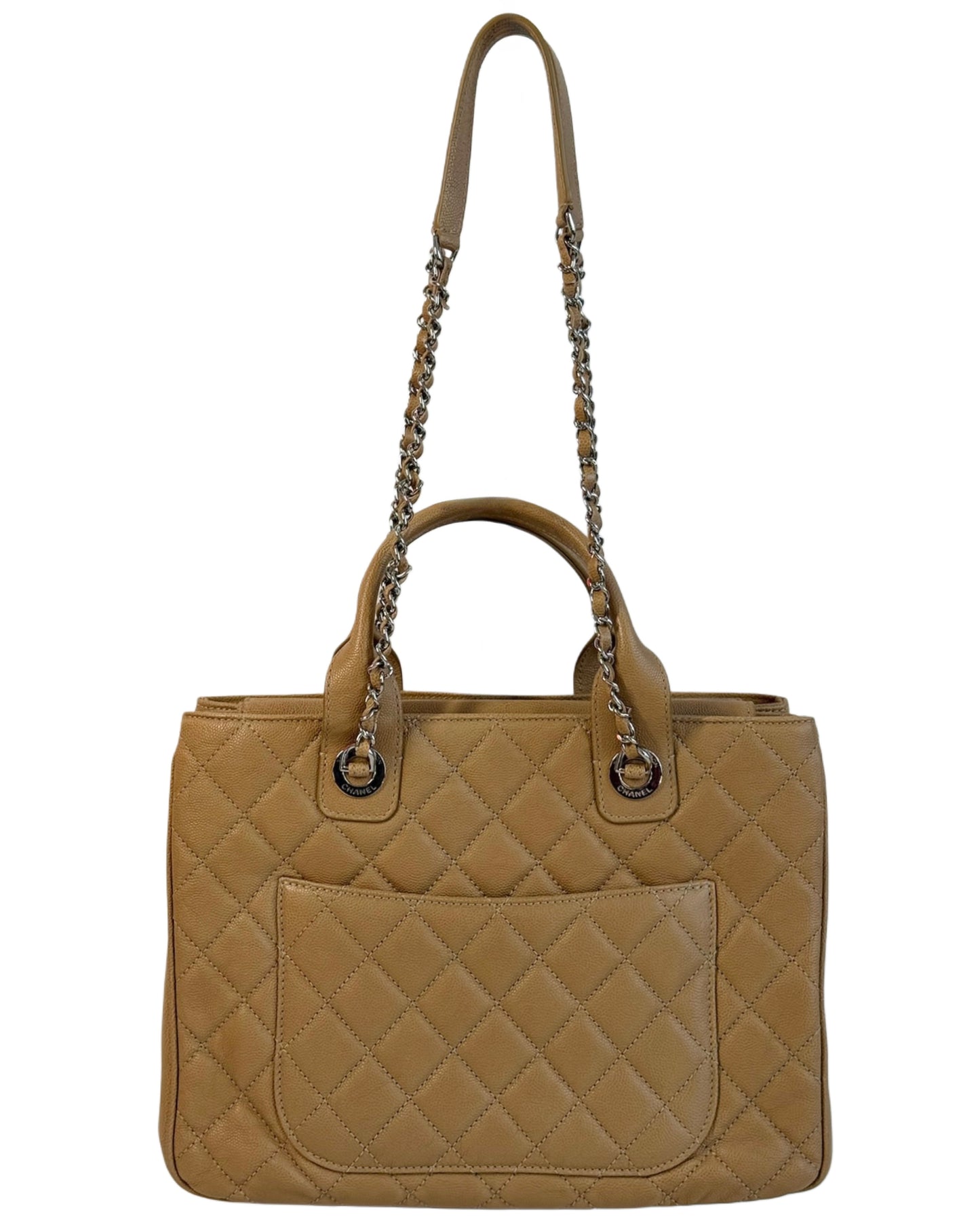 Chanel 2018 Beige Quilted Caviar Leather Two-Way CC Logo Shoulder Tote Bag