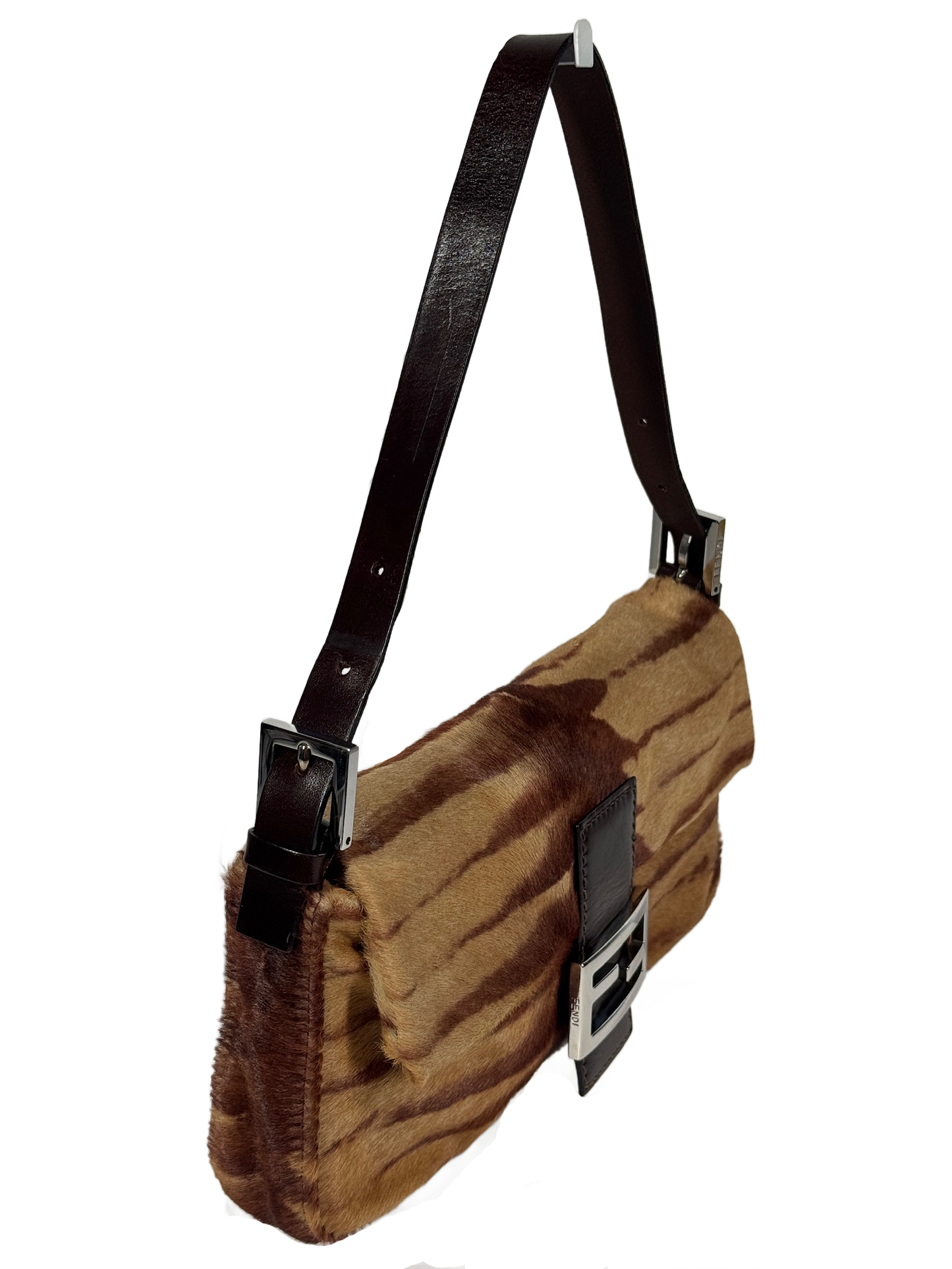 Fendi Vintage Brown Giraffe Print Pony Hair Shoulder Baguette Bag