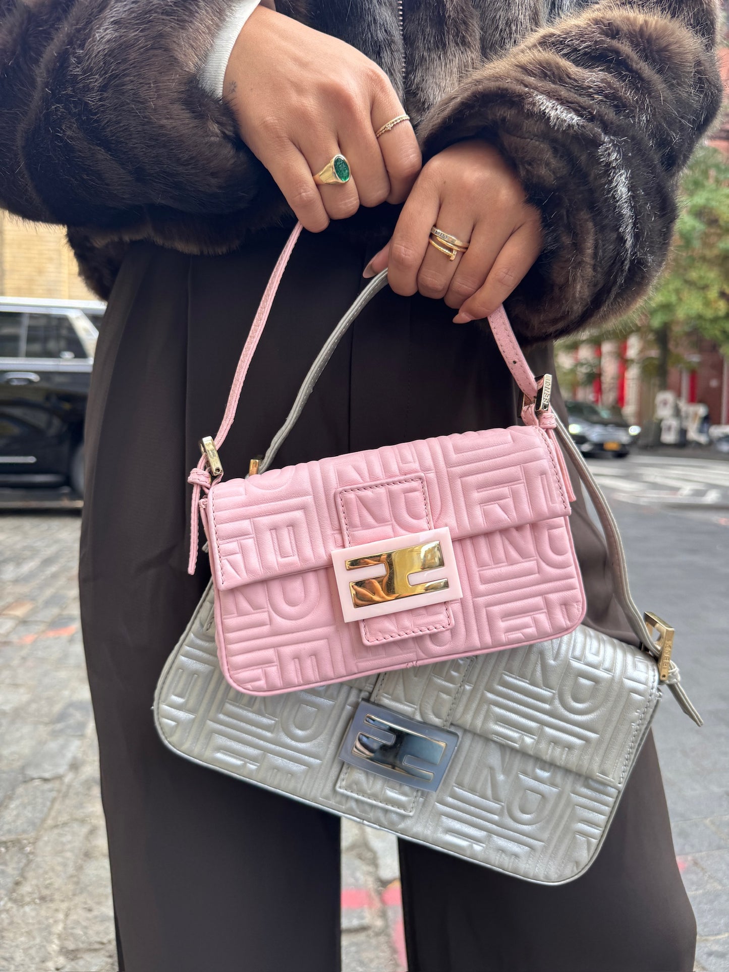 Fendi Pink Nappa Embossed Monogram Logo Leather Mini Baguette Bag
