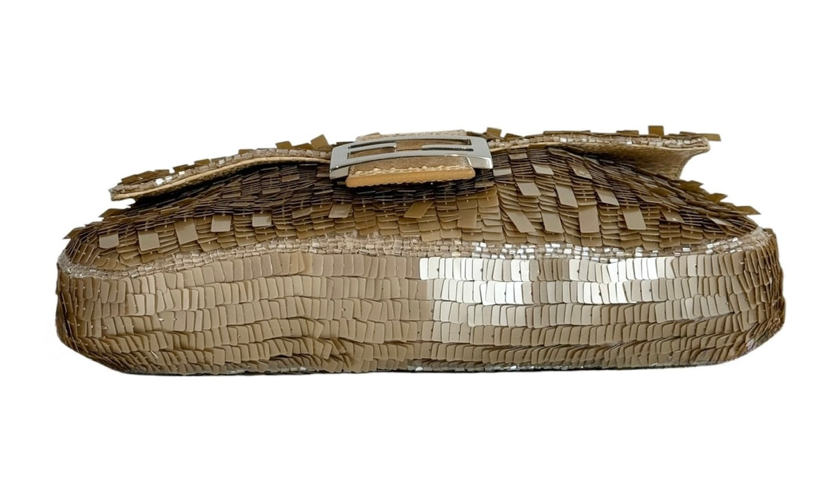 Fendi Vintage Champagne Gold Palliates Sequin Beaded Shoulder Baguette Bag with Python Trim