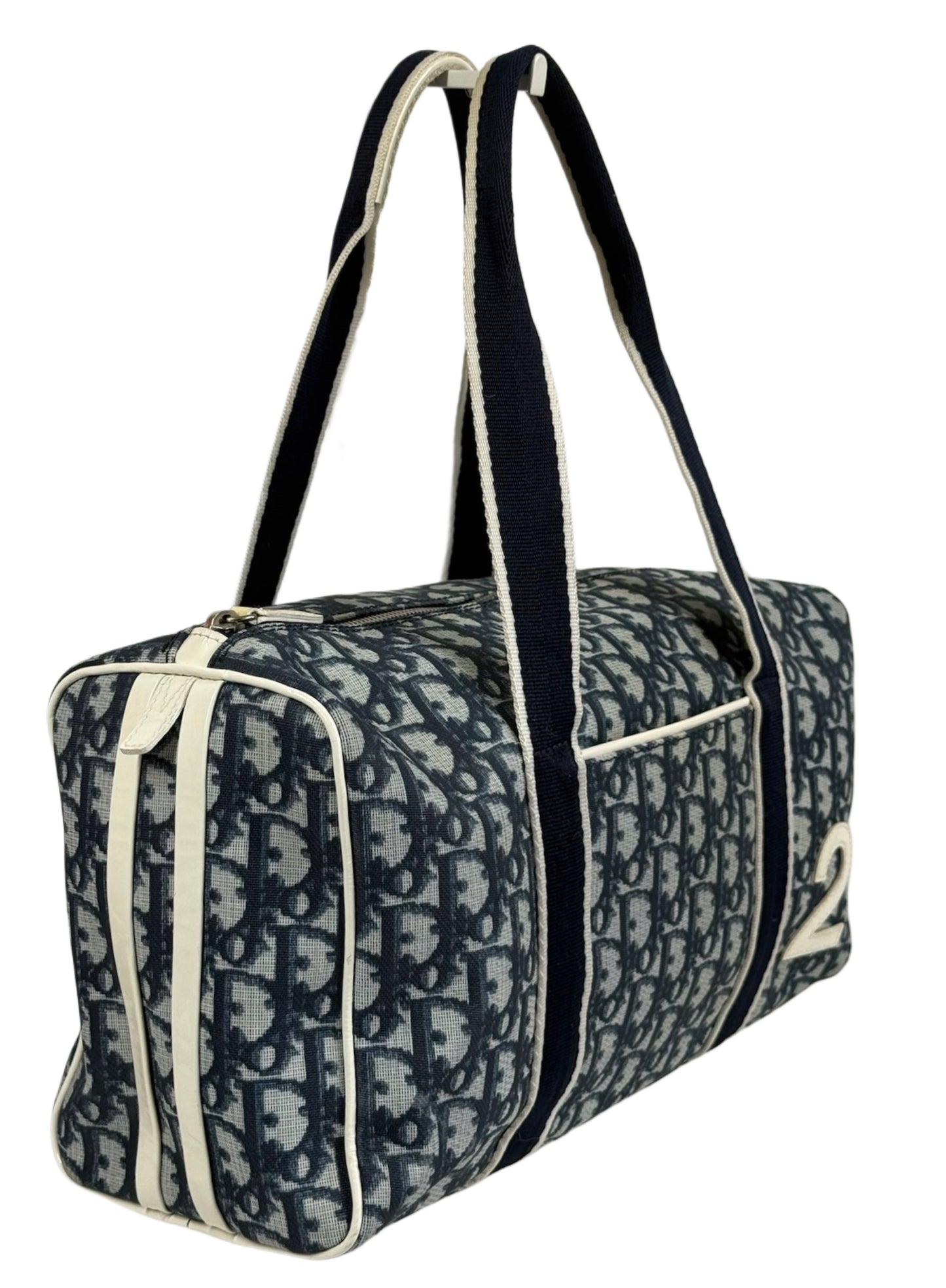 Dior Vintage 2001 Blue Trotter Monogram White Patent Trim Small Boston Shoulder Duffle Bag