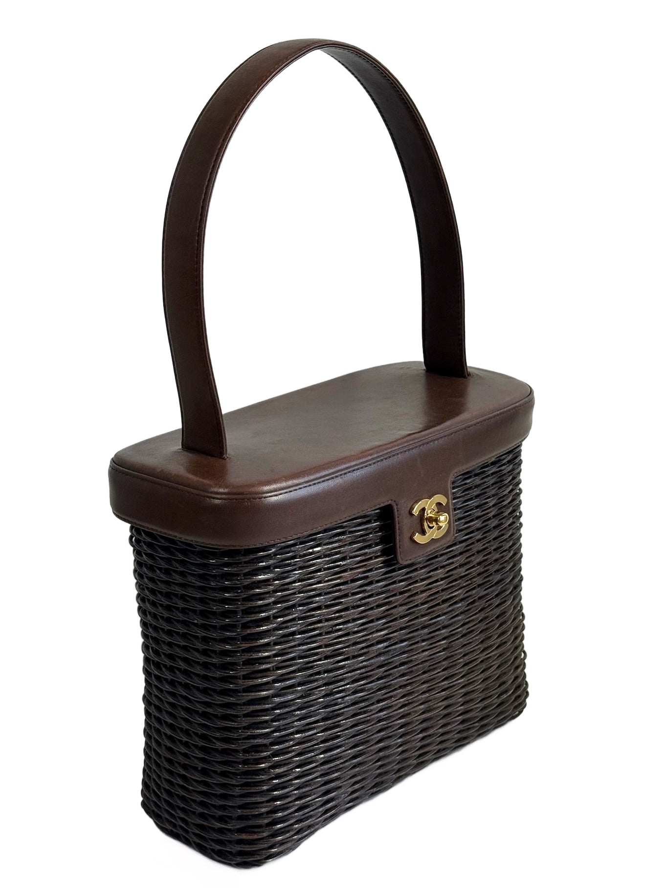Chanel Vintage 1999 Dark Brown Wicker Rattan Picnic Basket Lambskin Trim Top Handle Shoulder Bag w 24K GPHW