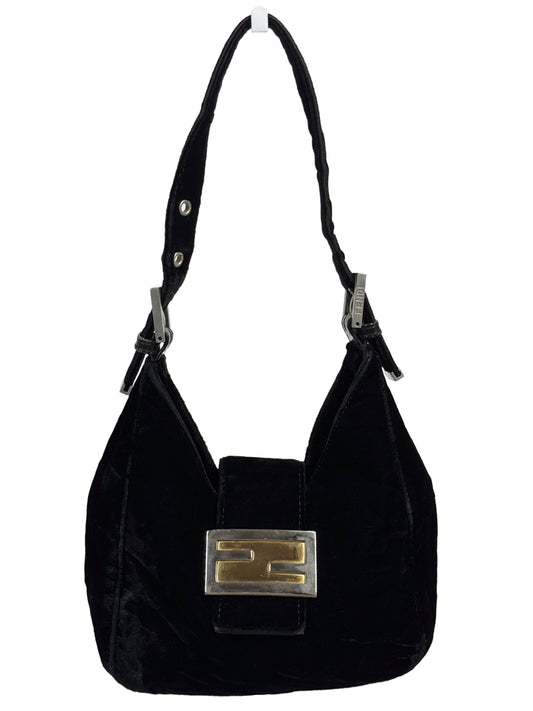 Fendi Vintage Black Velvet Mixed Metal Hardware Mini Square Hobo Baguette Shoulder Bag