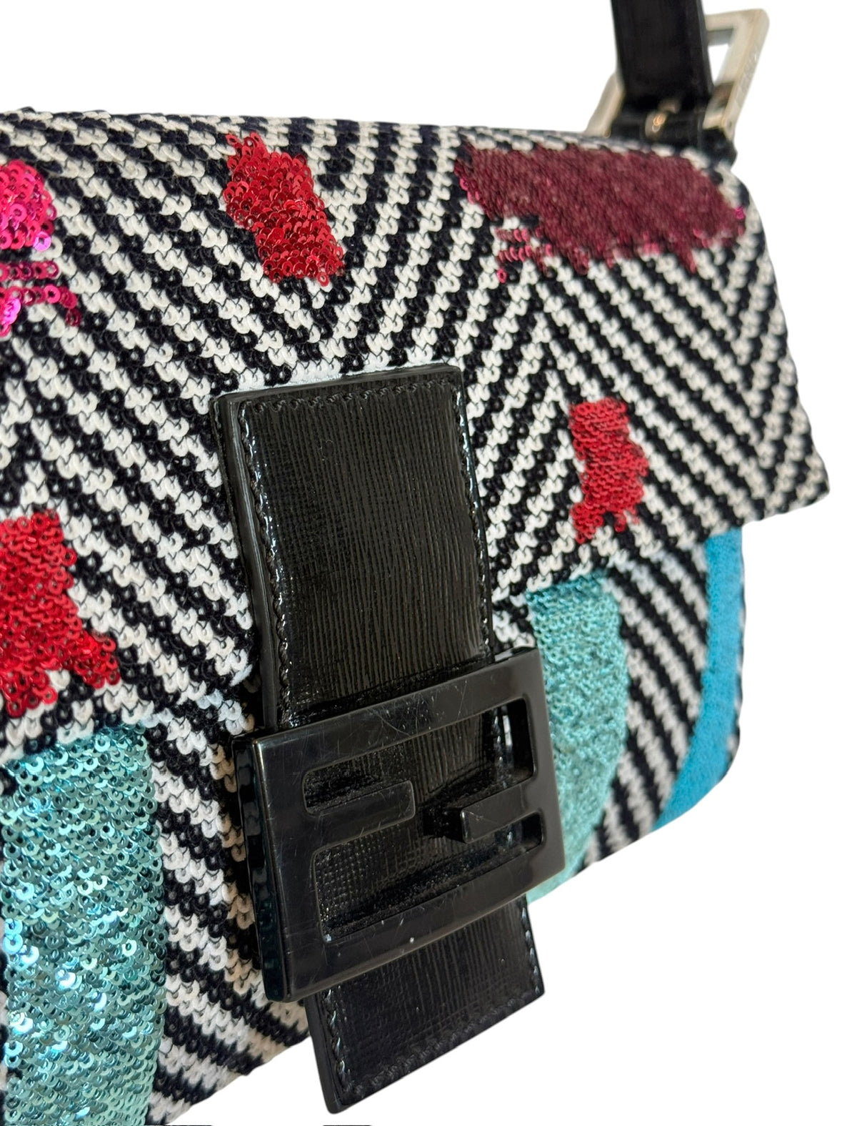 Fendi Black & White Velour Chevron Sequin Multi-color Shoulder Baguette Bag with Black Patent Leather Trim