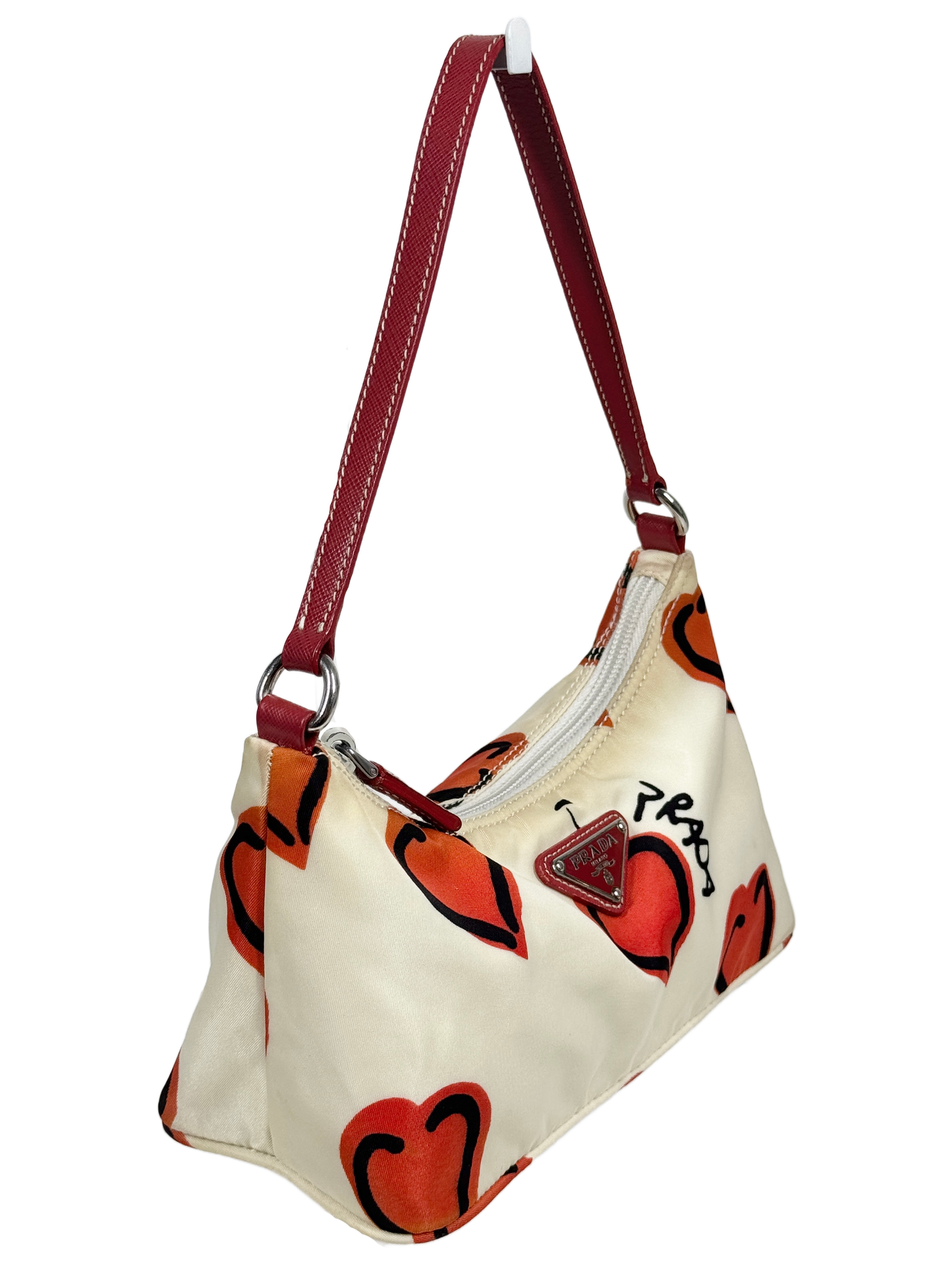 Prada Vintage White Nylon Red Heart Logo Pochette Shoulder Bag