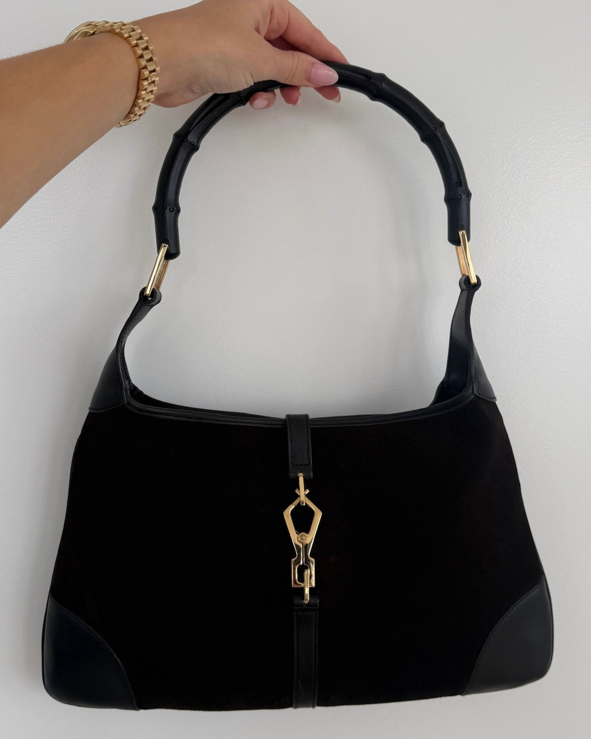 Gucci Vintage Dark Brown Suede Leather Trim Small Jackie Bamboo Handle Shoulder Bag