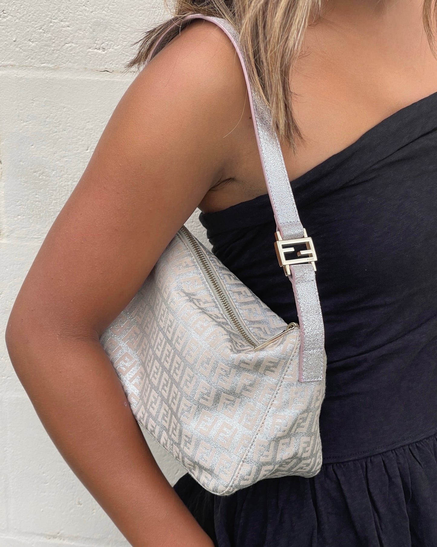 Fendi Vintage Pink Iridescent Metallic Zucchino Zucca Monogram Medium Shoulder Pochette Bag