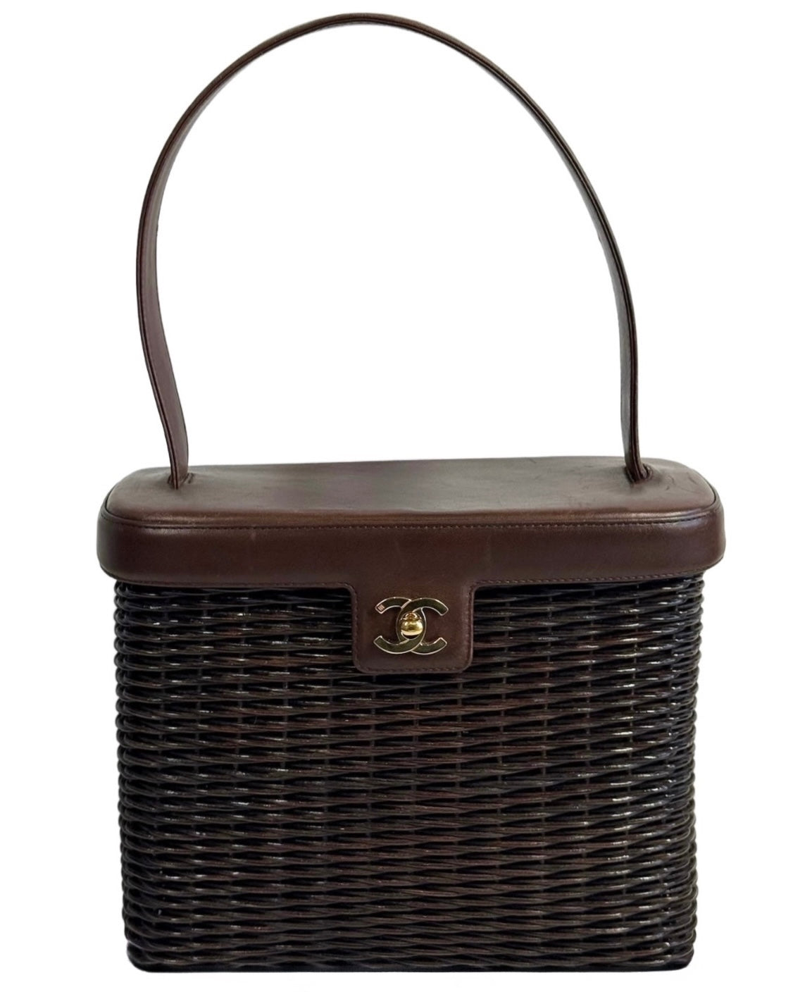 Chanel Vintage 1999 Dark Brown Wicker Rattan Picnic Basket Lambskin Trim Top Handle Shoulder Bag w 24K GPHW