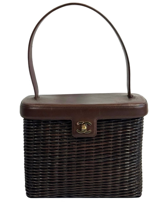 Chanel Vintage 1999 Dark Brown Wicker Rattan Picnic Basket Lambskin Trim Top Handle Shoulder Bag w 24K GPHW