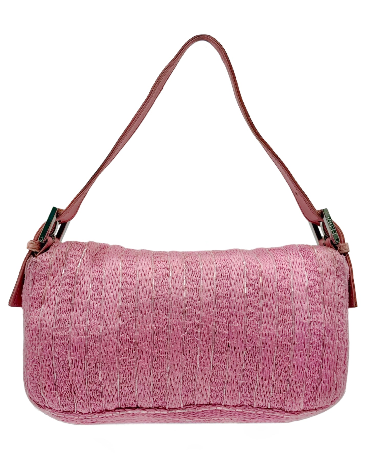 Fendi Vintage Pink Knit Silver Beaded Shoulder Baguette Bag w Cow Print Pony Hair Trim
