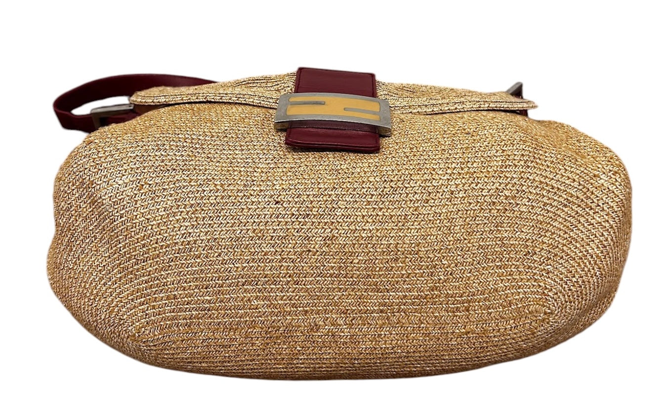 Fendi Vintage Beige Raffia and Red Leather Trim Mamma Baguette Shoulder Bag 