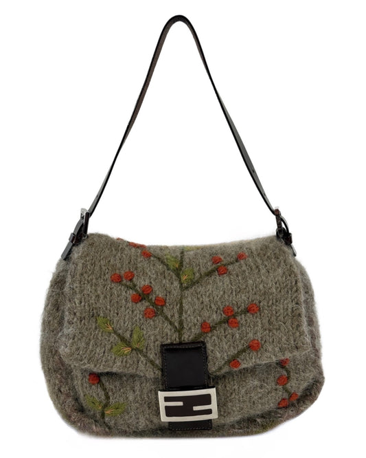 Fendi Vintage Grey Wool Knit Cherry Embroidered Shoulder Mamma Baguette Bag