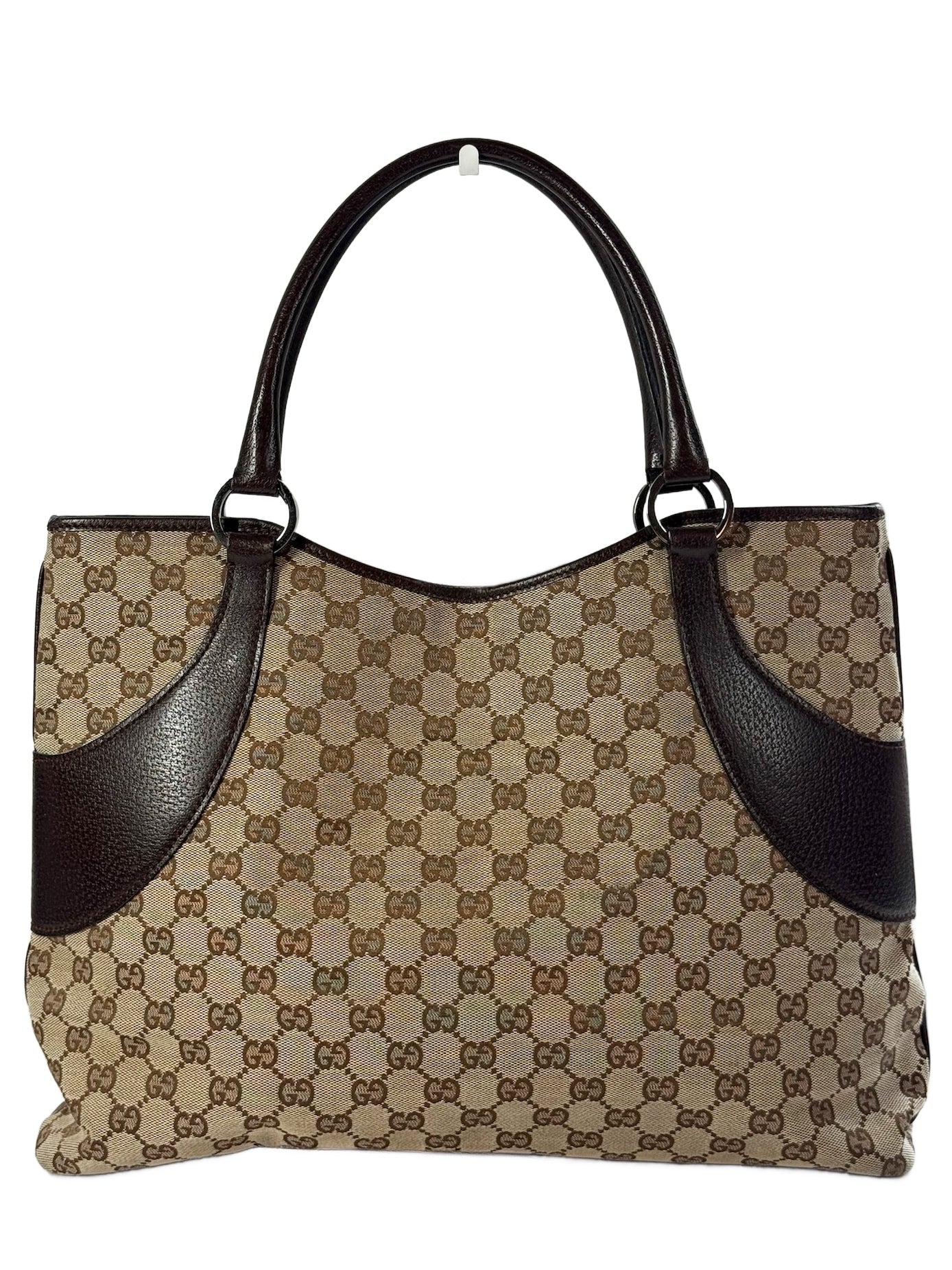 Gucci Vintage Brown GG Monogram Brown Leather Trim Top Large Shoulder Tote Bag