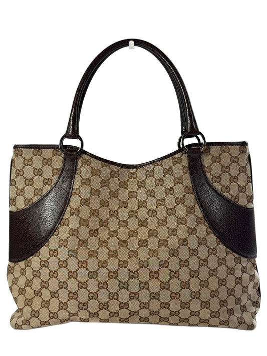 Gucci Vintage Brown GG Monogram Brown Leather Trim Top Large Shoulder Tote Bag