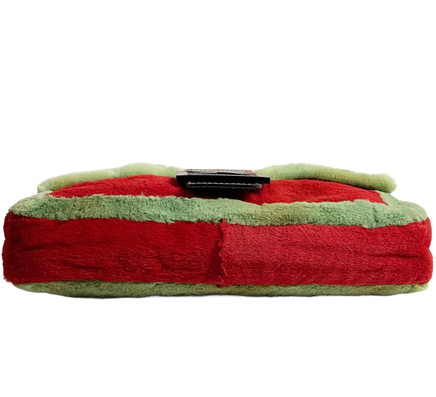 Fendi Vintage Red & Green Rabbit Fur Lizard Trim Shoulder Baguette Bag