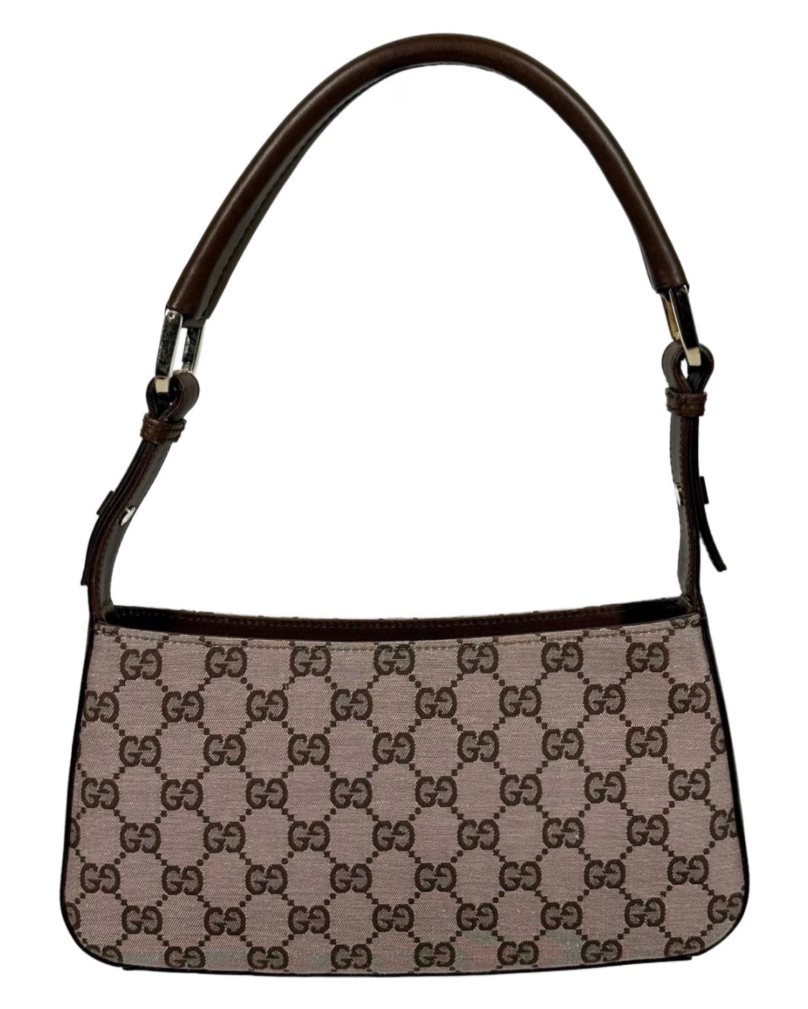 Gucci Vintage Light Brown Satin GG Monogram Leather Trim Shoulder Pochette Bag