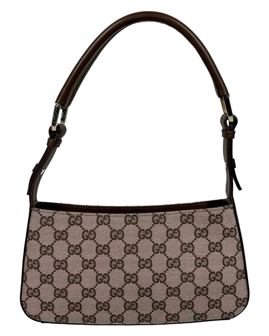 Gucci Vintage Light Brown Satin GG Monogram Leather Trim Shoulder Pochette Bag