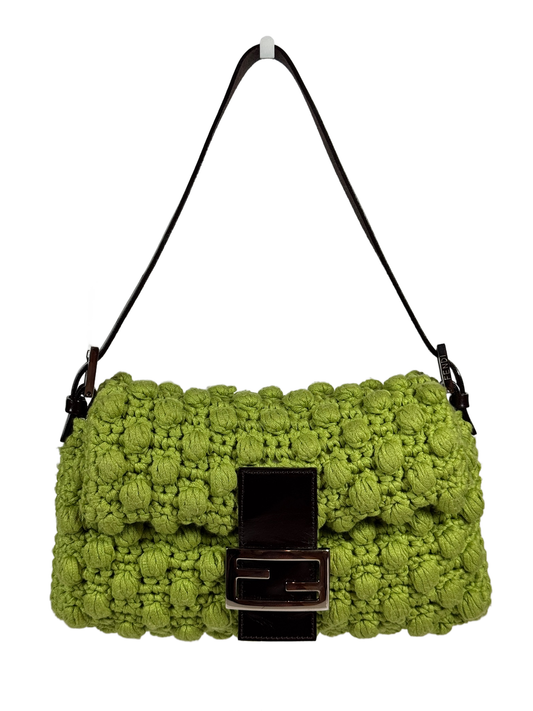 Fendi Vintage Lime Green Crochet Knit Shoulder Baguette Bag