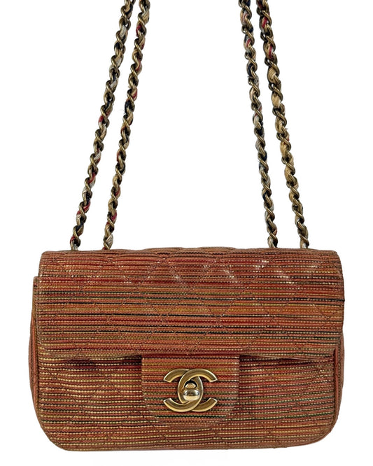 Chanel Orange Multicolor Striped Metallic Extra Mini Flap Bag w Aged Gold Hardware