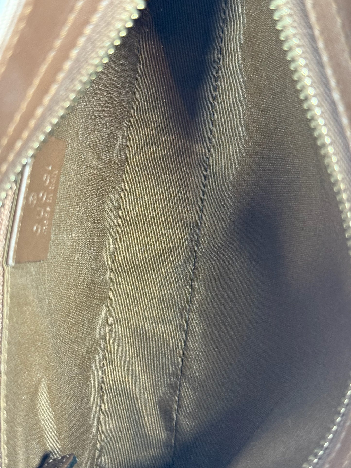 Gucci Vintage Light Brown Satin GG Monogram Leather Trim Shoulder Pochette Bag