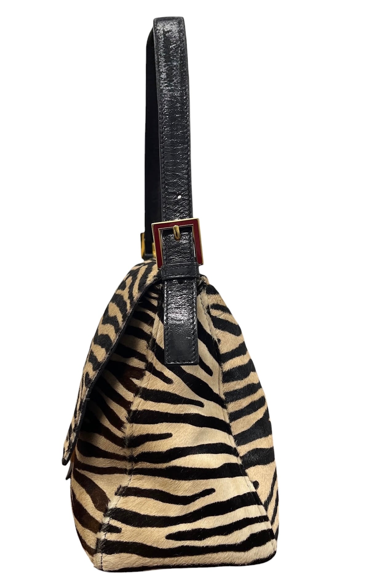 Fendi Vintage Zebra Print Pony Hair Mamma Baguette Shoulder Bag with Red Enamel Trim
